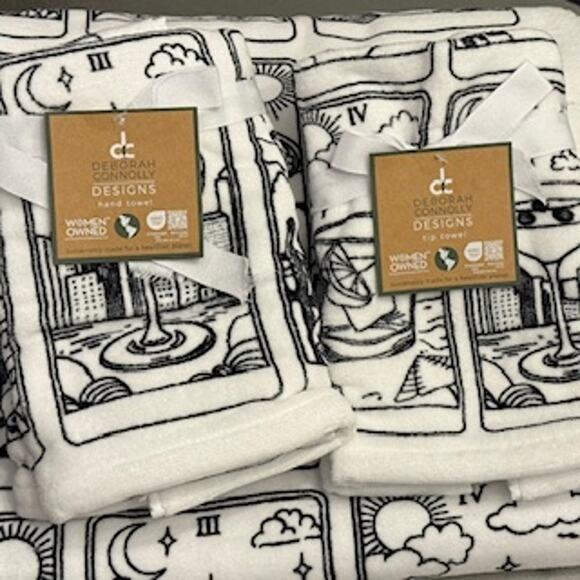 NWT Deborah Connolly 6 pieces Black & White Cocktail Drinks Bath Towels - Picture 1 of 7